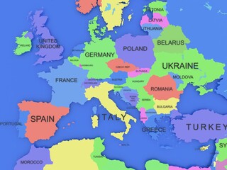 Three-dimensional map of Europe on blue isolated background