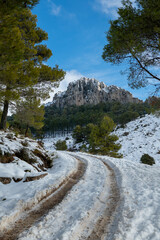 Fototapeta na wymiar Mountain road to La Serrella (1.359 m) mountain in winter with snow, Confrides village, Province of Alicante, Costa Blanca, Spain