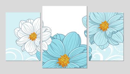 A set of three beautiful backgrounds with flower dahla for printing for decorating the walls of a cafe, restaurant, living room, kitchen, bedroom.