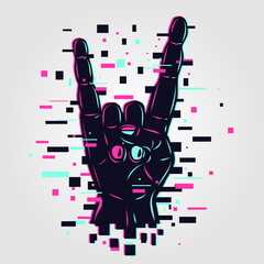 Cyber rock hand. Glitch style vector illustration. Rock and roll arm. Online show concept.