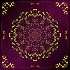 Vintage background mandala card with golden lace ornaments and art deco floral decorative elements