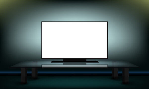 White TV Screen In Darkness In Room On Glass Table