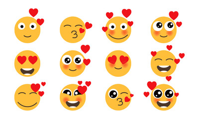 Eyes love set emoticons yellow face. Vector collection fun yellow loving humor mood with hearts. Cartoon emoji character face kiss and flirt. Funny avatar illustration isolated white icon