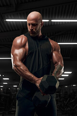 Fototapeta na wymiar Bodybuilder male model training biceps muscles with dumbbell. model in black shirt
