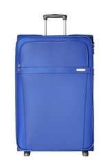 Blue fabric travel suitcase with zipper and handle white background isolated close up front view, large cloth baggage case, big textile luggage trolley bag, summer holidays concept, tourism, vacation