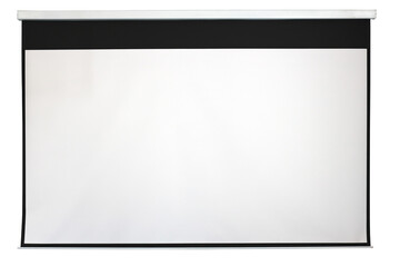 This is a white rectangular presentation screen with a black frame hanging on the wall. Isolated on a white background. Background for inserting information