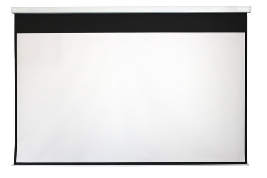 This is a white rectangular presentation screen with a black frame hanging on the wall. Isolated on a white background. Background for inserting information