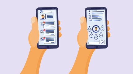 Hand holding phone with a message, icons. Communication concept on white background. Social networking concept. Vector flat cartoon illustration.