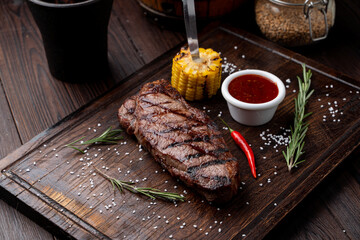 Close juicy photo of black angus steak, beautiful magazine photo