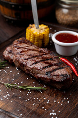 Close juicy photo of black angus steak, beautiful magazine photo