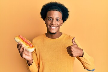 African american man with afro hair eating hotdog smiling happy and positive, thumb up doing excellent and approval sign - obrazy, fototapety, plakaty