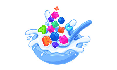Cereal Bowl contains RPG dice and alphabet with splash milk vector