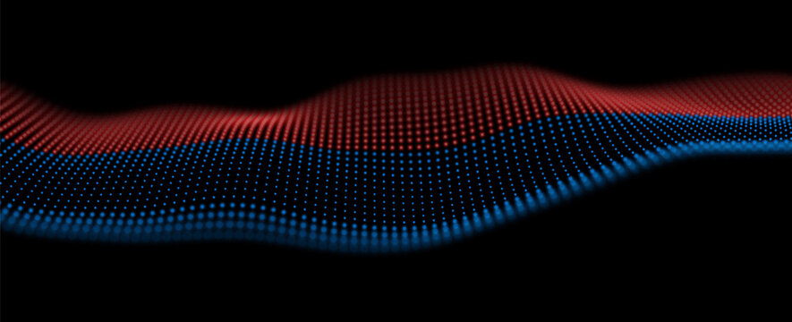 Abstract blue and red particles background. Flow wave with dot landscape. Digital data structure. Future mesh or sound grid. Pattern point visualization. Technology vector illustration.
