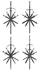 Set of simple black vector images of five crossed swords with medieval two-handed sword in center.