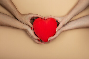 Obraz premium LGBT concept. Women hands holding red heart on beige background with copy space. Hands of homosexual couple on set sail champagne color. Same sex love. Lesbi Valentines card