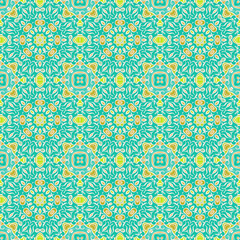 Creative trendy color abstract geometric mandala pattern in green blue yellow orange, vector seamless, can be used for printing onto fabric, interior, design, textile, carpet, tiles.