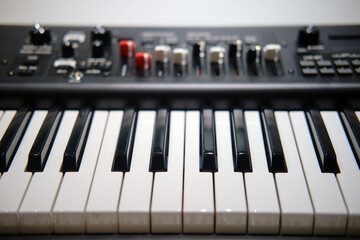 Black electronic piano, modern synthesizer with sliders for recording and sound tuning