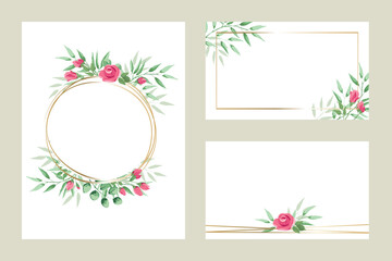 Green leaves and roses -- set of templates for invitations.  Vector illustration, frame, backgrounds with design element in watercolor style.	
