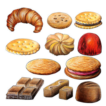 cookies, croissant and chocolates on a white background isolated