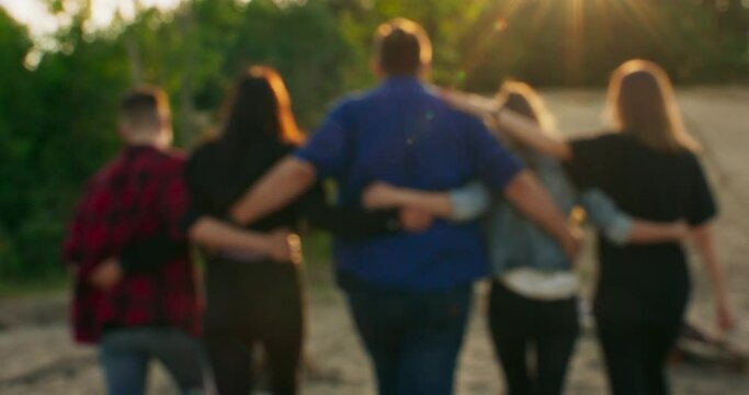 Tourism, travel, people, leisure and teenage concept - group of happy friends hugging and walking lakeside from back