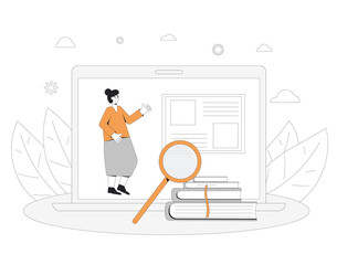 Online education. Digital learning. Teacher gives a lecture on computer screen. Internet webinar or online video training. Vector color line art illustration.