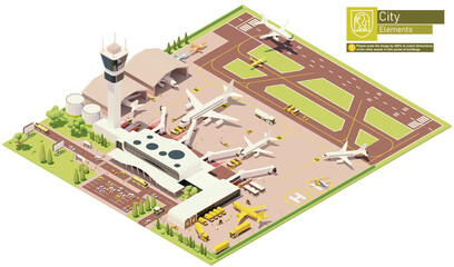 Vector isometric airport terminal infrastructure. Parked airplanes with boarding bridges, postal service aircraft loading, airplane on the runway, aircraft maintenance hangars, airport machinery and w