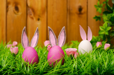  Easter eggs in meadow grass on a wooden background