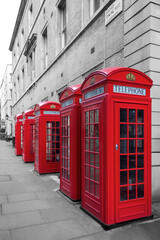The famous red telephone boxes in London, England.