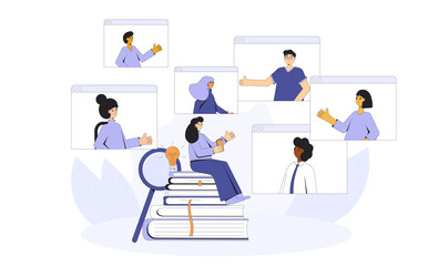 Online education. Digital learning. People talking to each about science. Teacher and students. Internet webinar or online video training. Vector color line art illustration.