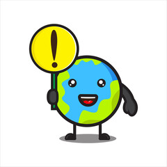 mascot cute globe with caution sign, character, illustration of globe, vector eps 10 on white background