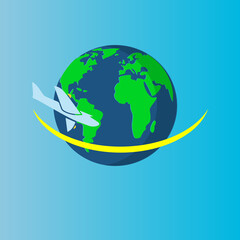 Airplane flying around the globe on the map. Vector illistration of travel and transportation.