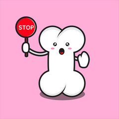 cute bone mascot with stop sign, cute bone mascot character vector eps 10 on white background