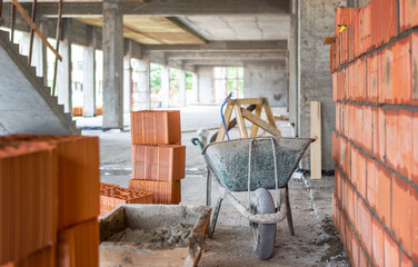 Residential building under construction, construction of partition walls