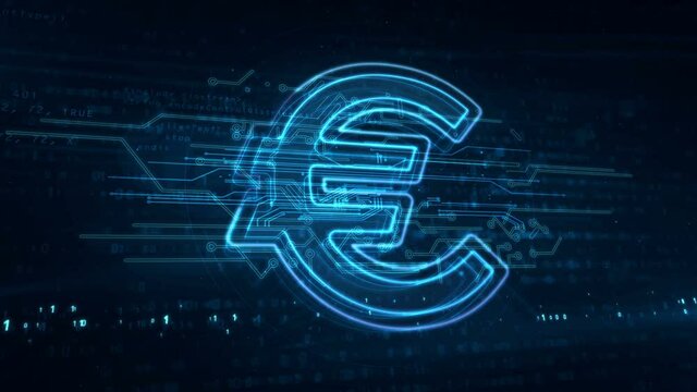 Euro symbol. Glowing eu currency sign. Concept of money, banking, finance, debt and economy in Europe. Futuristic abstract 3d rendering loopable and seamless animation.