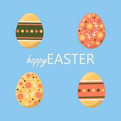 Happy Easter greeting card. Cute Vector illustration with colorful wreath of flowers, eggs and rabbit. 