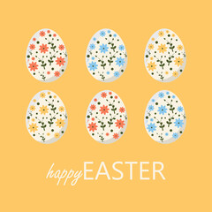 Happy Easter greeting card. Cute Vector illustration with colorful wreath of flowers, eggs and rabbit. 
