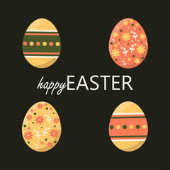Happy Easter greeting card. Cute Vector illustration with colorful wreath of flowers, eggs and rabbit. 