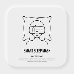 Girl sleeping in smart sleep mask on pillow. Gadget for relaxation and better sleep. Insomnia prevention. Thin line icon. Vector illustration.