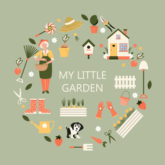 Garden is my happy place lettering phrase and gardening equipment collection. Garden elements: flower, grass, leaves, boots, pitchfork, spade, watering can, gloves. Senior Woman Gardening Hobby. Aged 