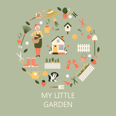 Garden is my happy place lettering phrase and gardening equipment collection. Garden elements: flower, grass, leaves, boots, pitchfork, spade, watering can, gloves. Senior Woman Gardening Hobby. Aged 