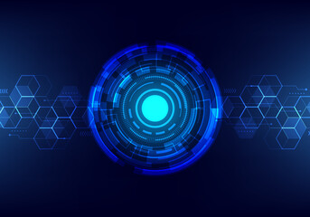 Abstract technology futuristic transfer digital data network to center concept. Blue circle internet tech background.
