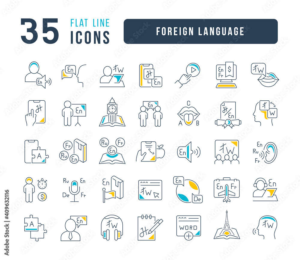 Wall mural set of linear icons of foreign language