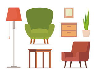 Furniture set for living rooms. Chair, table, lamp, locker, potted plant. Set for living room interior. Vector illustration.