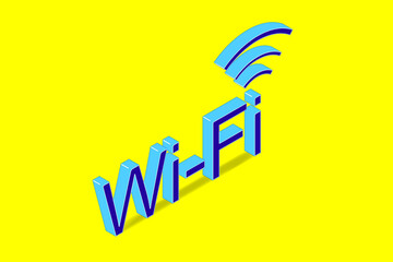 Wireless network symbol and wifi text, simple isometric image on yellow background