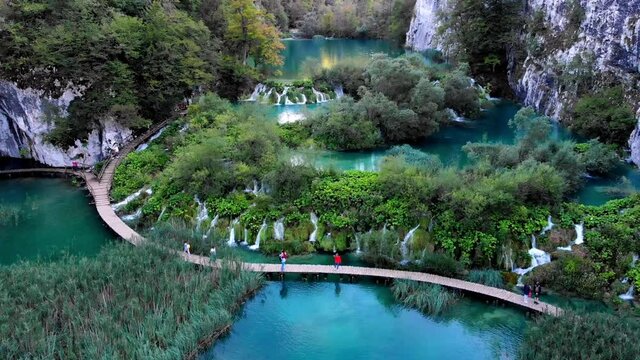 Flight over plitvice lakes. Lake, waterfall. View from the height. Croatia, Plitvice Lakes.