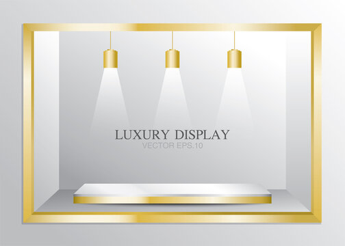 luxury window display with gold stage and lamps 3D illustration vector for putting your object.