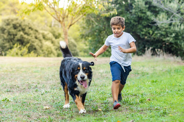 Little boy playing with a Mountain Dog outdoors