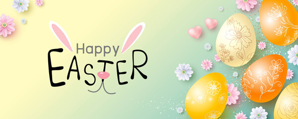 Fototapeta na wymiar Easter banner design of eggs and flowers vector illustration
