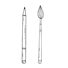 Pencil and brush. Cute doodle illustration.