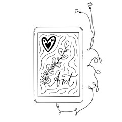 A tablet with handphones. Hand drawn icon or logo.